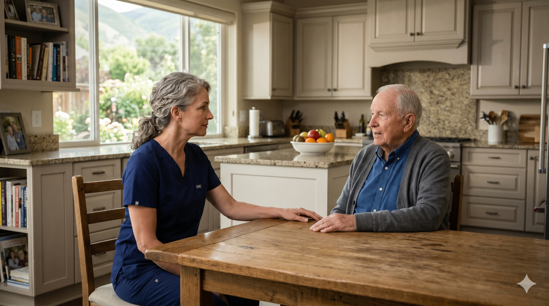Registered nurse Care Professional speaking with elderly man at kitchen table